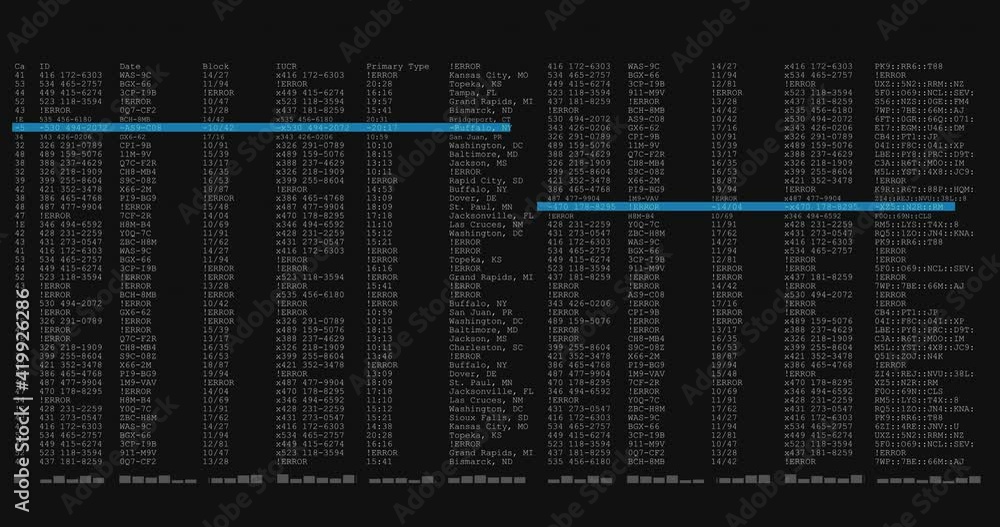 Poster animation of data processing on black and blue computer screen