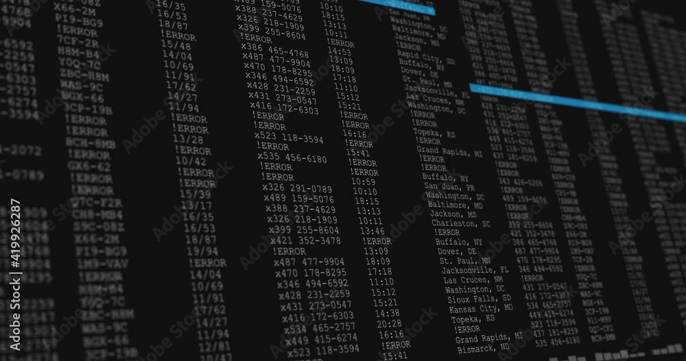 Poster animation of data processing on black and blue computer screen