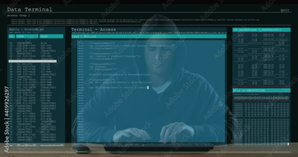 Poster animation of data processing on computer screens over male hacker using computer