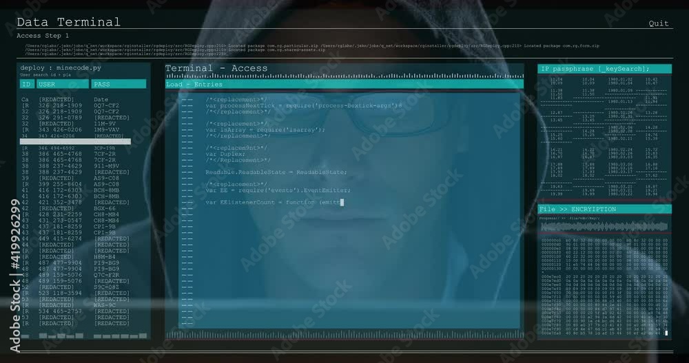 Poster animation of data processing on computer screens over male hacker in hood