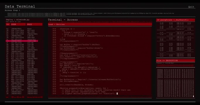 Animation of data processing on red computer screens