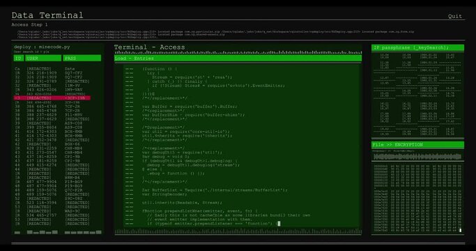 Animation of data processing on green and grey computer screens