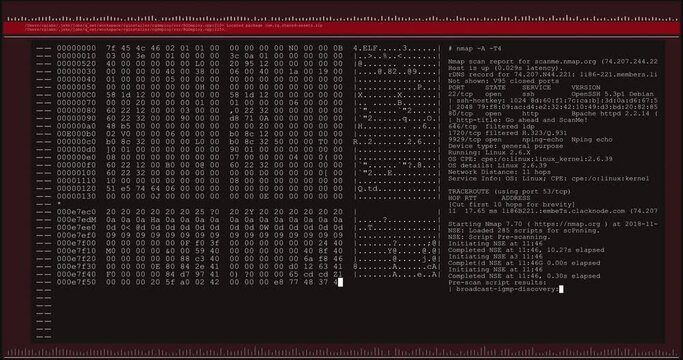 Animation of data processing on black and red computer screen