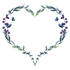 Heart Shape Wreath of Watercolor Leaves and Berries