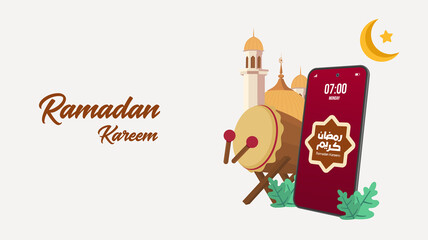 ramadhan greeting flat poster illustration with eid mubarak typography and islamic mosque background