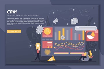 Customer relationship management illustration with landing page concept. CRM system, customer management, business development, Customer profile analysis. Flat design web banner template.