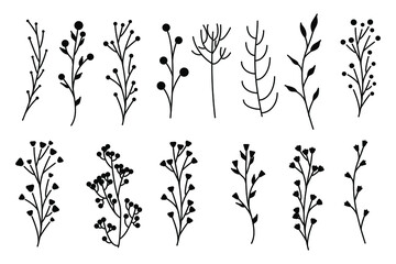 Naklejka premium Collection of minimalistic simple floral elements. Graphic sketch. Fashionable tattoo design. Flowers, grass and leaves. Botanical natural elements. Vector illustration. Outline, line, doodle style. 