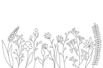 Black silhouettes of grass, flowers and herbs. minimalistic simple floral elements. Botanical natural. Graphic sketch. Hand drawn flowers. design for social media. Outline, line, doodle style.