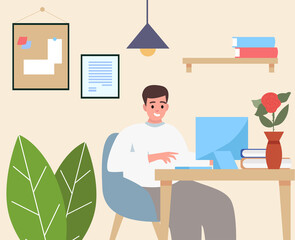 Fototapeta premium Man working from home, student or freelancer. Cute vector illustration in flat style. Home office concept
