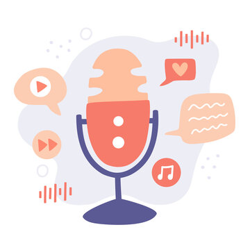 Cute cartoon podcast concept. Vector illustration with microphone. Modern show icon logo. Studio microphone broadcast. Speech bubble around. Media equipment for radio show. Concept design