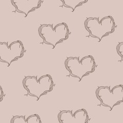 Wooden branches hearts seamless repeating pattern with light crepe pink background. Vector illustration