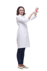 female doctor with a laboratory flask . isolated on a white