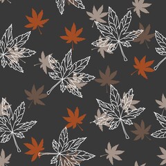 White and colorful outlined and filled maple leaves seamless pattern with grey background. Vector illustration