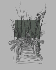 Wooden bridge in the jungle illustration. Vector illustration