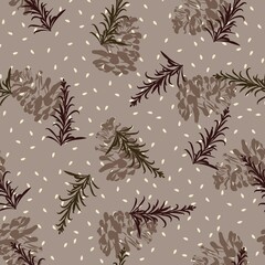 Pine cones and leaves seamless repeating pattern with light brown or coffee brown background. Vector illustration