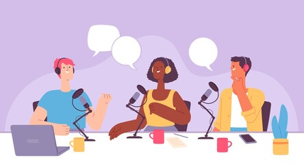 Podcast recording. Radio show host in headset taking interview. Music studio with microphones and laptop. Bloggers broadcast vector concept