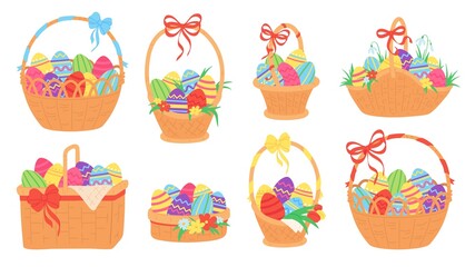 Easter baskets. Painted chocolate eggs in wicker basket with ribbon, grass, tulip and snowdrop flower. Spring traditional holiday vector set