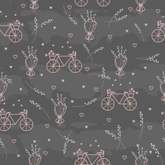 Bicycles and pink flower stems and bouquet seamless repeating pattern with sky dark peacock color background. Vector illustration