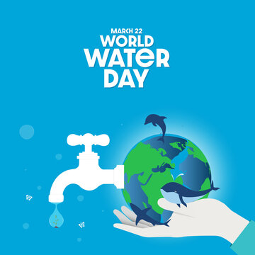 Water world day banner with hand hold faucet or water tap with a water out to earth