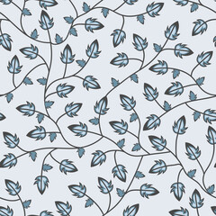 Fototapeta na wymiar Blue five cornered Leaves branches seamless repeating pattern with light blue background. Vector illustration