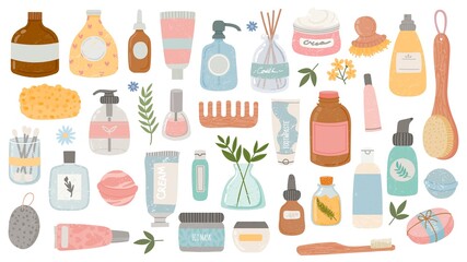 Flat hygiene and beauty products. Cosmetic bottles and tubes, bath accessories, lotion, shampoo, oil and scrub. Organic skin care vector set