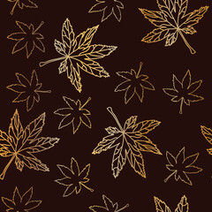 Gold maple leaves outlines seamless pattern with maroon background. Vector illustration