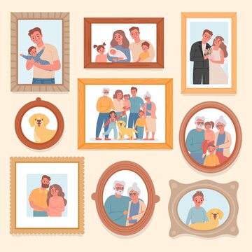 Family photos. Parents and kids portrait in frames. Memory pictures with wedding, grandparents, newborn baby. Big families vector photograph