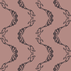 Aligned Black spirals seamless repeating pattern with carnation pink background. Vector illustration