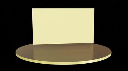 Rotating gold podium with poster banner. Bright yellow template pedestal with polished luxury blank business card and sun glare for realistic advertising.
