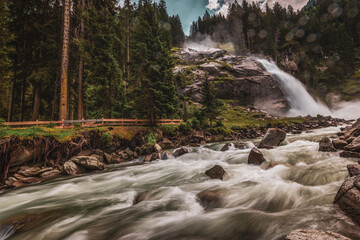 Panoramic view of the Krimmler waterfalls, the highest waterfalls in Austria.