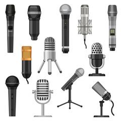 Cartoon studio microphones. Broadcast, voice and music audio recording equipment. Karaoke mic and vintage radio microphone flat vector set