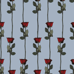 Vertically aligned Red roses seamless repeating pattern with light blue background. Vector illustration