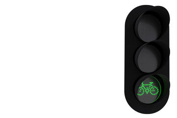 Green traffic light for cyclists. Modern LED traffic light isolated on white background. 3d...