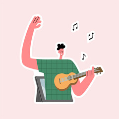 Online music. Online music lessons. Young man plays the ukulele on the tablet screen. Vector isolated illustration. Fully editable vector.