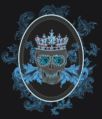 King skull with a crown and blue spirals illustration. Vector illustration