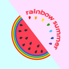 lettering rainbow summer and a half of a pink watermelon with a peel with rainbow flowers and dark seeds on a pink-blue background
