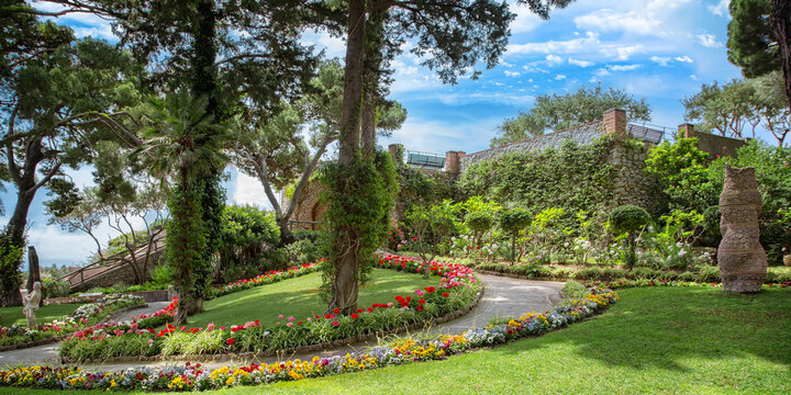 Beautiful view over the Garden of Augustus. The botanical Gardens of Augustus are an exceptionally wonderful garden with interesting statues and beautiful flowers on Capri Island, Italy