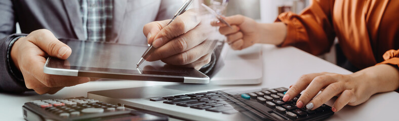 Digital marketing media in virtual screen.businesswoman hand working with mobile phone and modern...