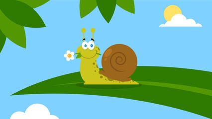 Cute Snail Cartoon Character With A Flower On A Leaf. Vector Illustration Flat Design With Garden Background