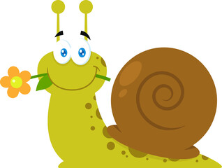 Cute Snail Cartoon Character With A Flower In Its Mouth. Vector Illustration Isolated On Transparent Background