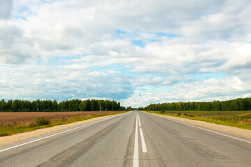 road with bad asphalt and markings leading into the forest