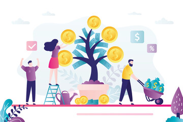 Business people harvest from money tree. Male character carries cart full of bags of money