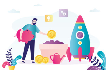 Entrepreneur with saving invests in successful future. Businessman planting money tree in pot