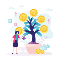Business woman grows money tree. Female character with watering can watering plant with gold coins