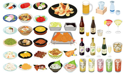 居酒屋の人気メニューイラスト①（串カツ、焼鳥、もつ煮、ビール、ハイボール、サワー）