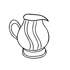 Black hand drawing outline illustration of a clay jar for cold or hot drinks isolated on a white background