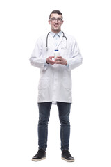 doctor with antiseptic in hand. isolated on a white