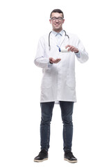 doctor with antiseptic in hand. isolated on a white