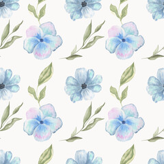Fototapeta na wymiar Watercolor seamless pattern blue flowers on a white background.
