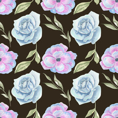 Watercolor seamless pattern blue flowers on a dark background.